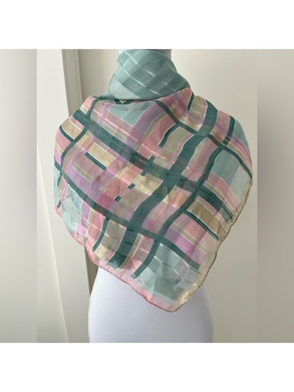 VINTAGE Sheer Pastel Plaid Square Scarf Made Italy Spring Summer Business Chic